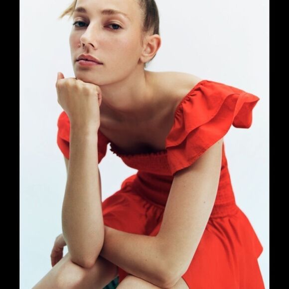 Zara Red Smocked Bodice Drop Waist Tiered Ruffle Form Fitted Mini Dress NEW - Picture 2 of 16